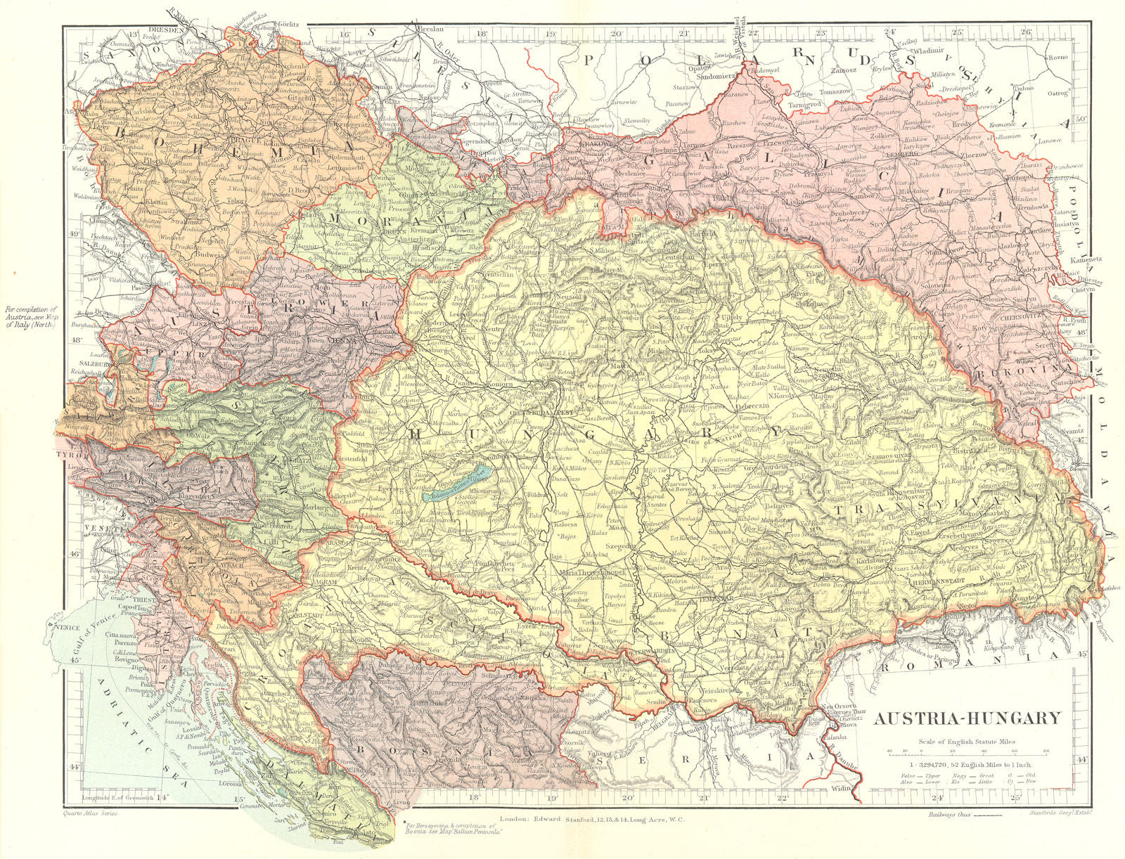 AUSTRIA-HUNGARY. Galicia Bohemia Moravia Styria Sclavonia &c. STANFORD 1906 map
